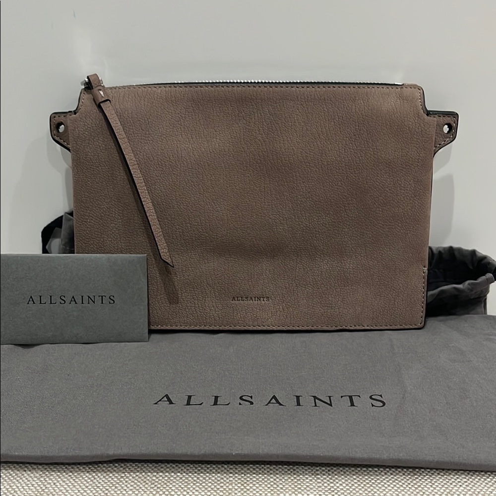 All Saints Taupe/Grey Suede Clutch Purse - Brand New!